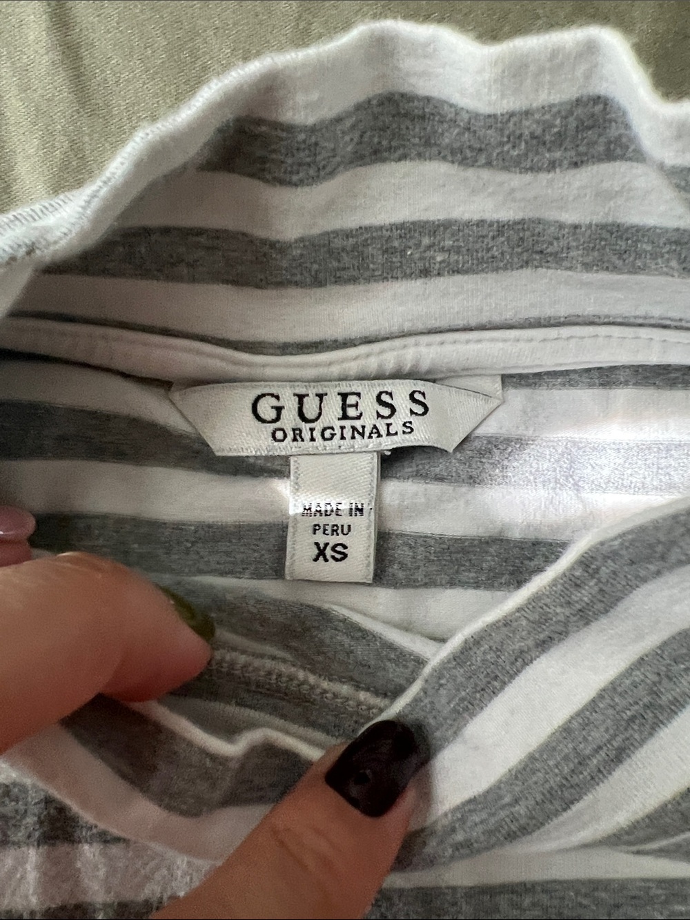 Guess Gray & White Striped Mock Neck Top with Red Logo - Picture 2 of 4